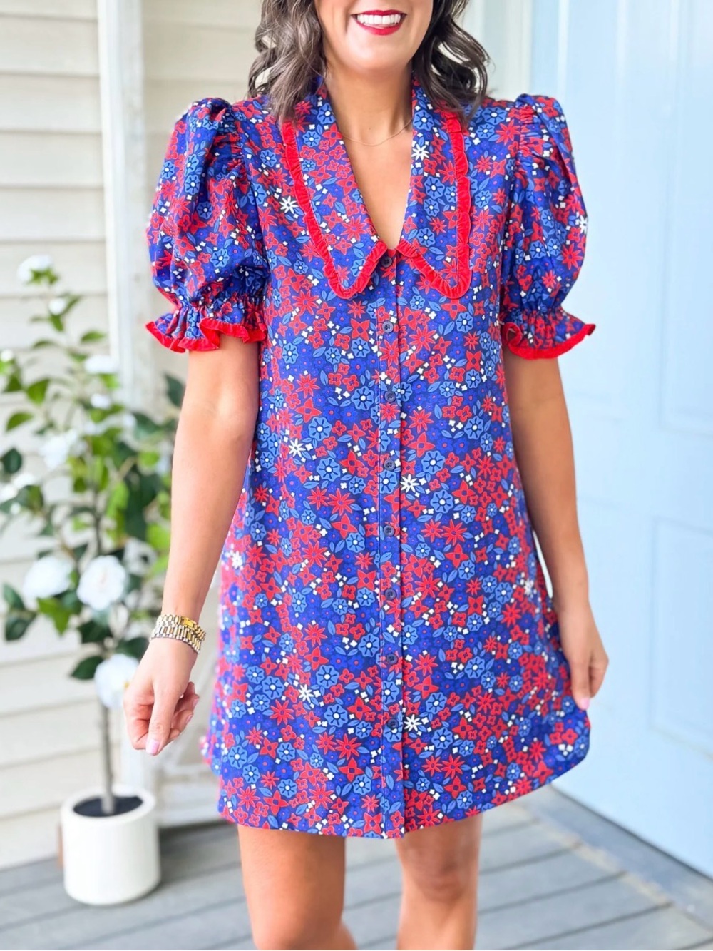 SSYS The Label Gemma Peter Pan Collar Dress Royal Red Ditsy Floral Small Mini